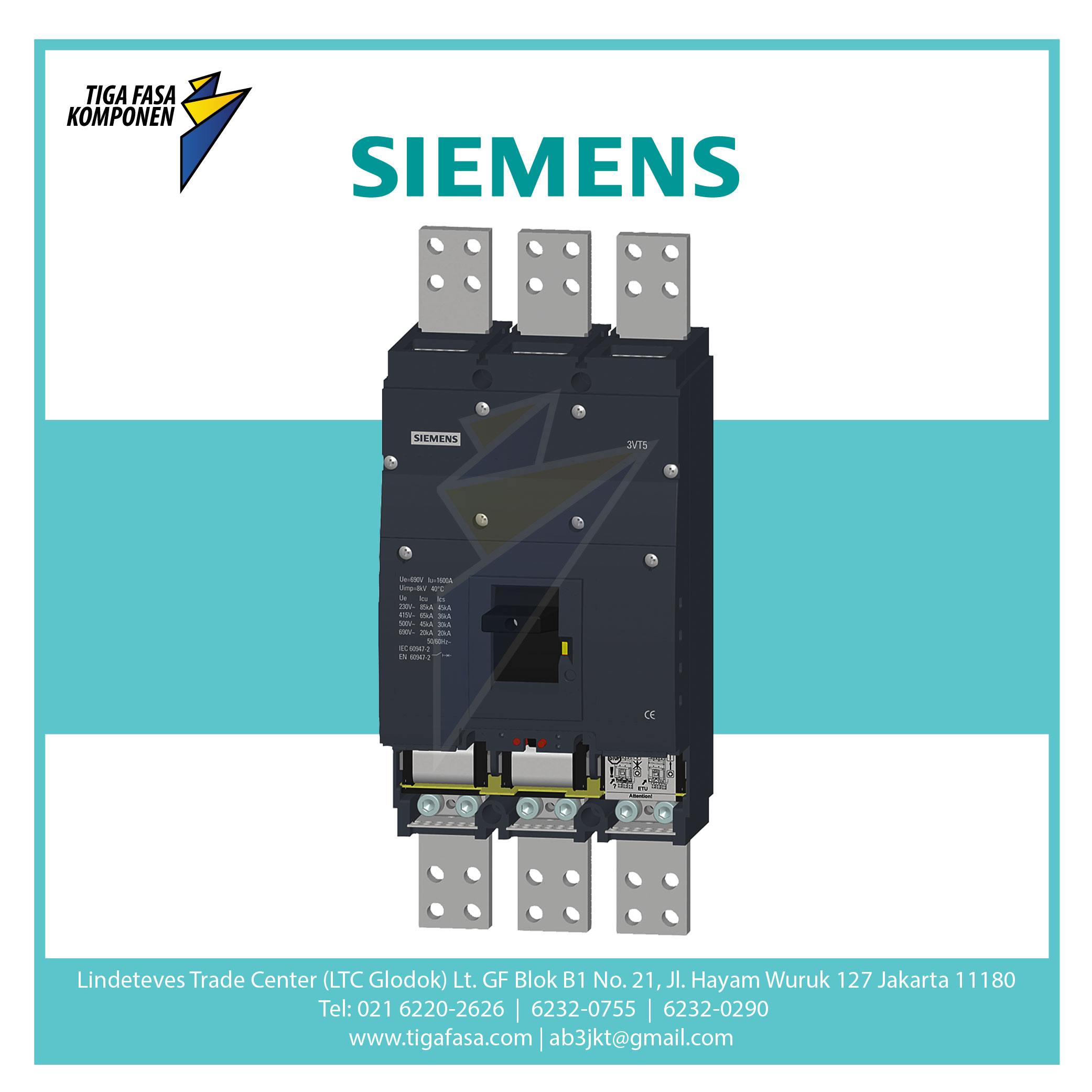 3VT5716-3AA30-0AA0 MCCB Siemens 3P 55KA 