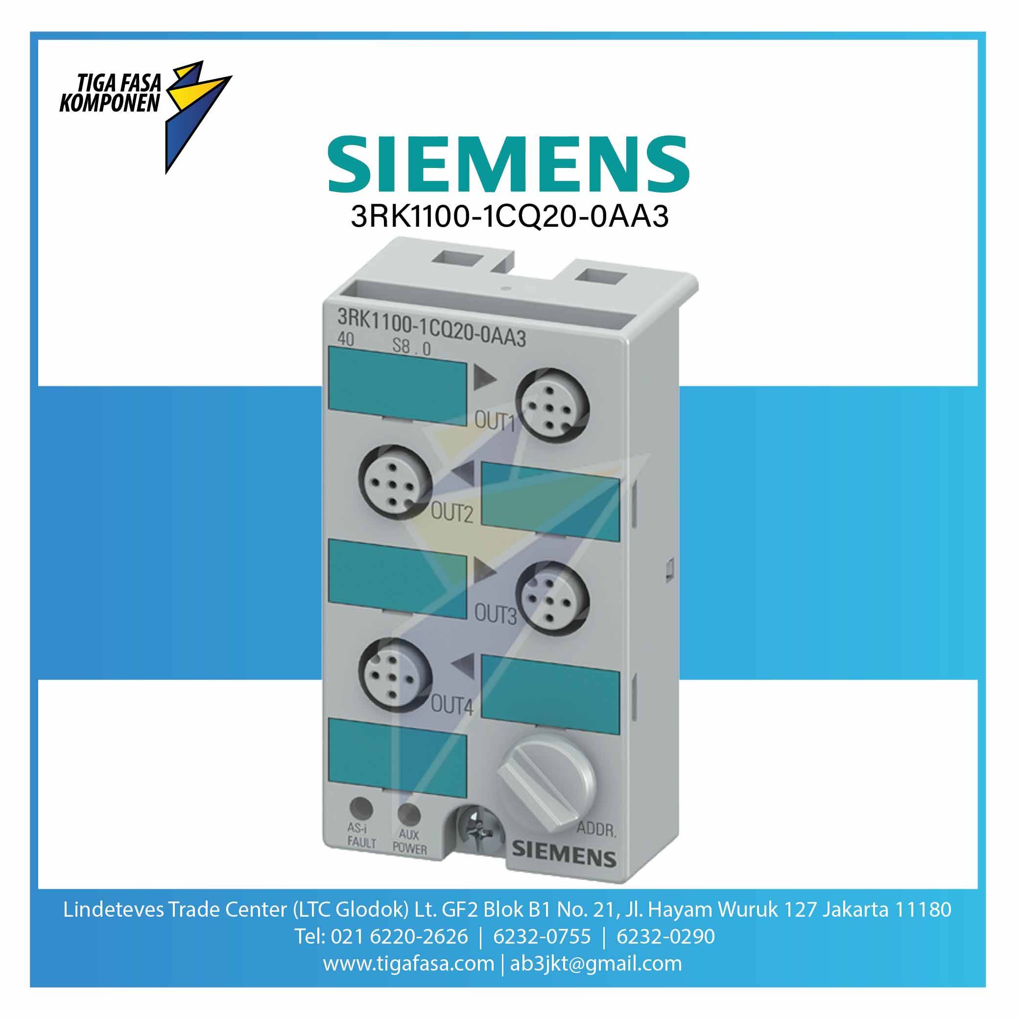 3RK1100-1CQ20-0AA3 AS-i compact module K45 digital 4 DQ, IP67 4 x output, 1 A 24 V DC